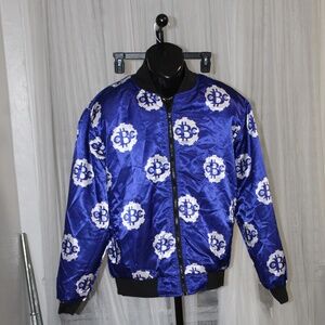 Everybody Eats Royal Blue and Black reversible bomber.